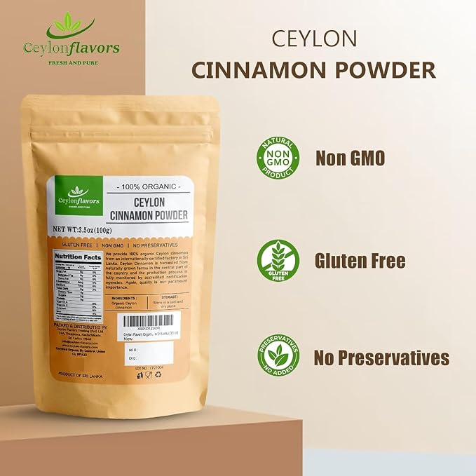 Organic Ceylon Cinnamon Powder, Premium Grade Non GMO, Harvested in Sri Lanka 3.5oz