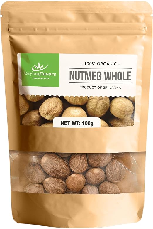Ceylon Flavors organic whole nutmeg in a resealable kraft pouch, 100g, product of Sri Lanka — Cinnamon Isle