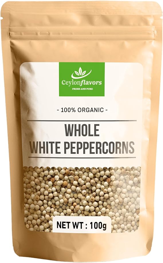 Certified Organic White Peppercorns sourced from Sri Lanka – 100g